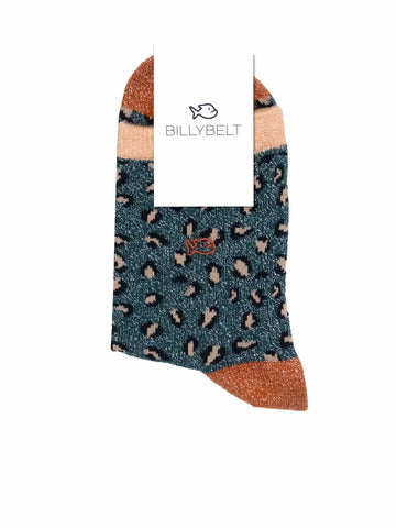 Glitzer Leo-Socken Grün/Rost/Peach