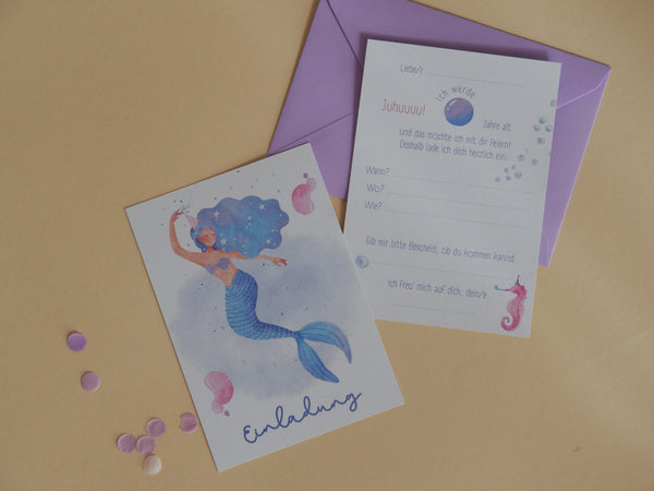 6er Set Meerjungfrau Einladungskarten